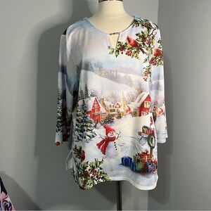 Alfred Dunner XL Snowy Christmas Village Keyhole Neck Blouse Tunic
